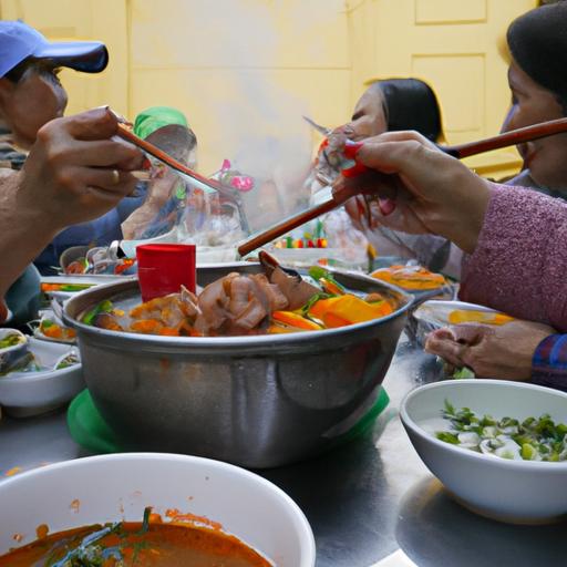 Những người dân địa phương tận hưởng bữa ăn truyền thống tại chợ ẩm thực sầm uất ở Thanh Hóa.