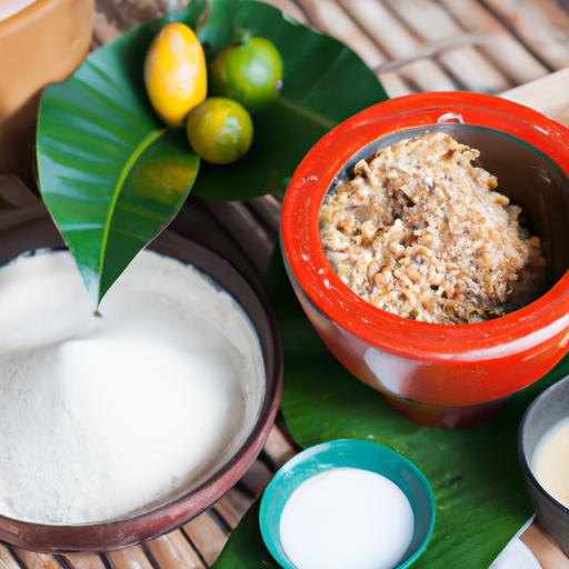 Các nguyên liệu cần chuẩn bị để làm chè có bột báng, bao gồm bột báng, đường và nước cốt dừa.