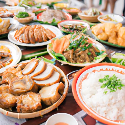 Bàn ăn được sắp đặt với các món đặc sản của Quảng Nam như Bánh tráng cuốn thịt heo, Nem lụi, Bánh xèo và Chè bánh đa.