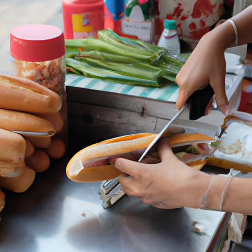 Một người bán hàng rong chuẩn bị bánh mì tươi ngon cho khách đói ở TP Hồ Chí Minh.