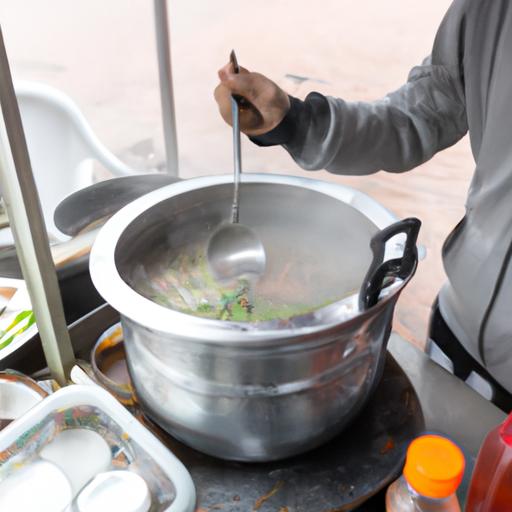 Người bán hàng đang chuẩn bị một tô bún cá nóng hổi, món súp mì đặc trưng của Cà Mau.