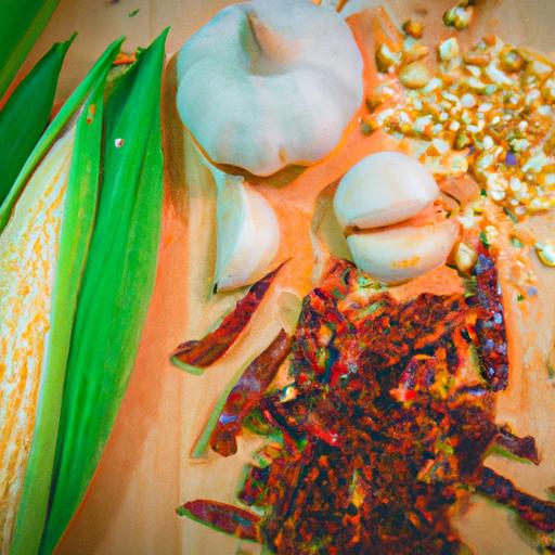 Các loại gia vị như hành, tỏi và ớt được sử dụng để tăng cường hương vị cho bắp Mỹ xào.