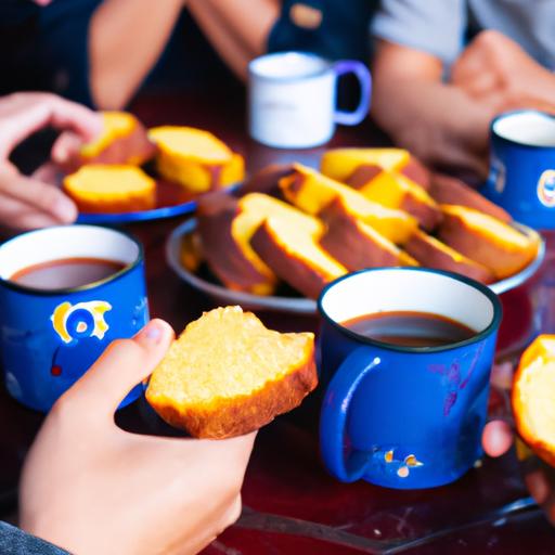 Một nhóm bạn ngồi quanh bàn thưởng thức bánh tổ nóng hổi với ly trà đầy hương vị