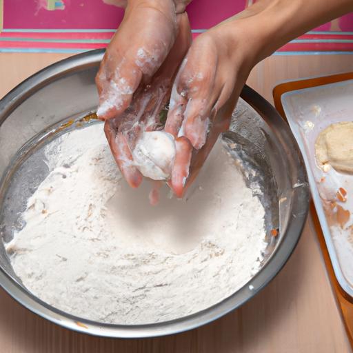 Đôi bàn tay cầm bột và đường nhào bột làm bánh tổ trên bàn đá