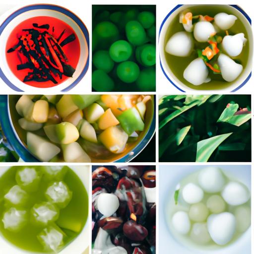 Một hình ảnh tổng hợp trưng bày các biến thể phổ biến của chè phật thủ, bao gồm chè hạt sen, chè trái cây và chè đậu xanh.