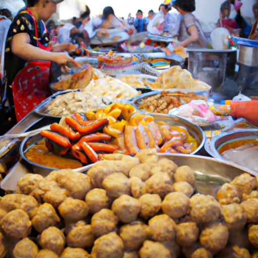 Chợ đông đúc với đồ ăn đường phố và đặc sản địa phương
