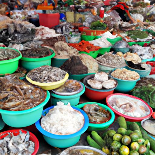 Chợ đầy màu sắc tại Trà Vinh với nhiều sản phẩm tươi sống và đặc sản địa phương.