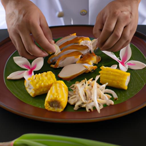 Đầu bếp sắp xếp từng lát thịt gà, bắp, và hoa chuối trên đĩa một cách tỉ mỉ