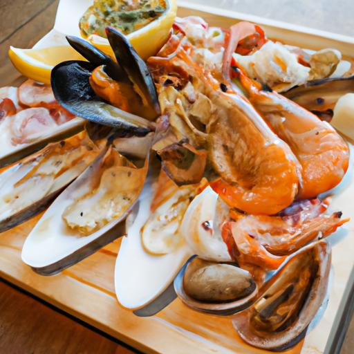 Đĩa hải sản gồm tôm, mực và nghêu trên nền bàn gỗ