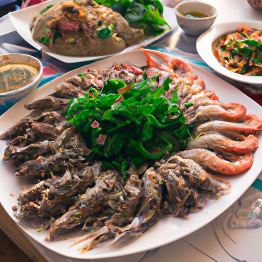 Một đĩa hải sản tươi sống được phục vụ cùng với các loại thảo mộc và gia vị địa phương trong một nhà hàng ven biển ở Hà Tĩnh.