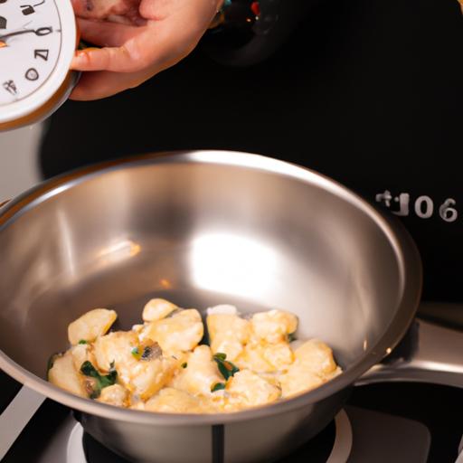 Đầu bếp đang khuấy đều củ cải muối trong chảo với một cái đồng hồ bên cạnh để đảm bảo thời gian nấu chín đúng.