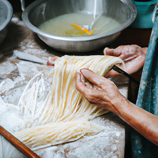 Một người đang chuẩn bị bánh canh cua bằng cách trộn bột và cắt thành sợi.