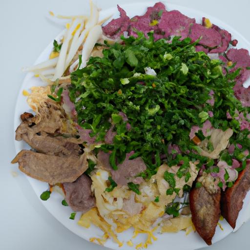 Một đĩa Mì Quảng với các loại thịt, trứng, rau sống và bánh tráng cuốn, chấm với nước lèo đặc trưng.