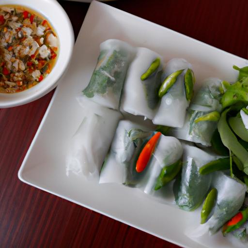 Đĩa bánh cuốn, món cuốn bánh gạo Việt Nam, với rau và nước chấm bên cạnh.