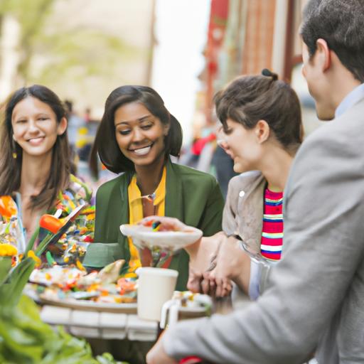 Một nhóm người ngồi tại bàn ăn ngoài đường, thưởng thức nhiều món ăn địa phương.