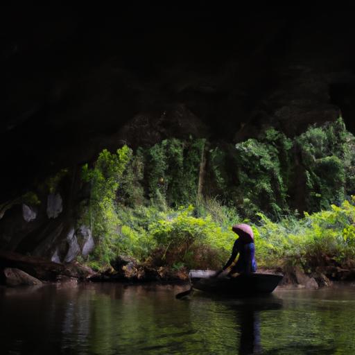 Người phụ nữ chèo thuyền qua hang động xanh tươi ở Tam Cốc